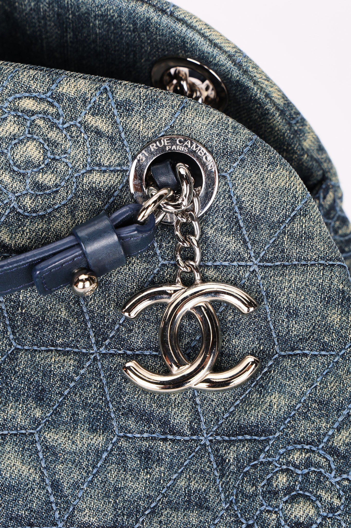 Chanel Just Mademoiselle Denim Camellia Bowler Bag SHW