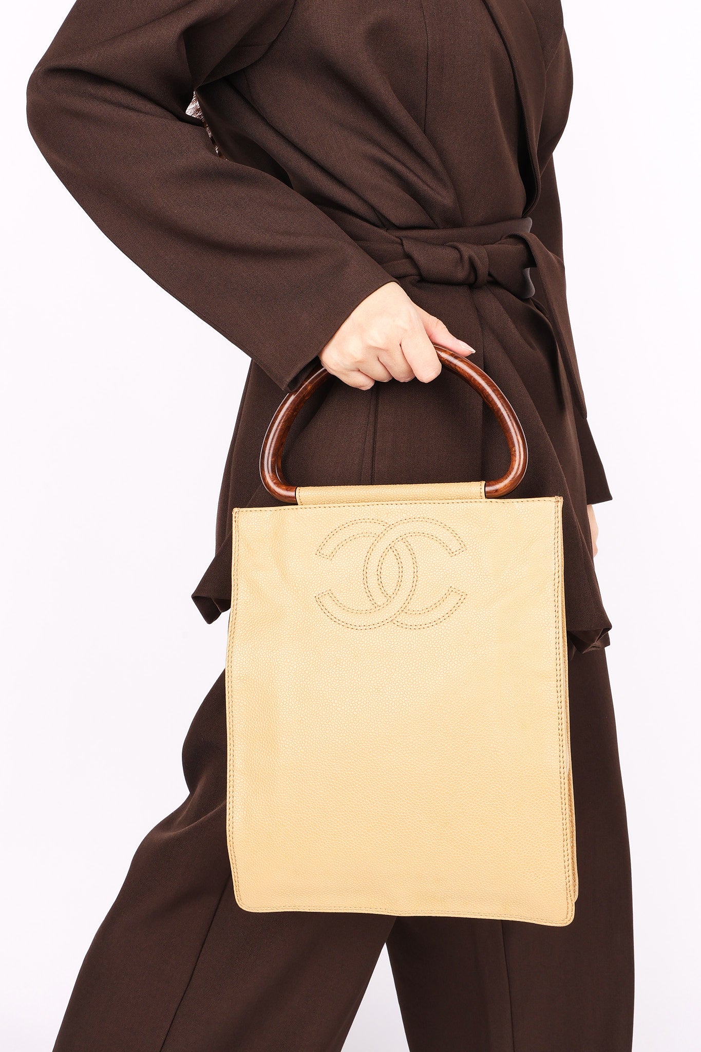 Chanel Wood Top Handle Bag Dark Beige Caviar 1998