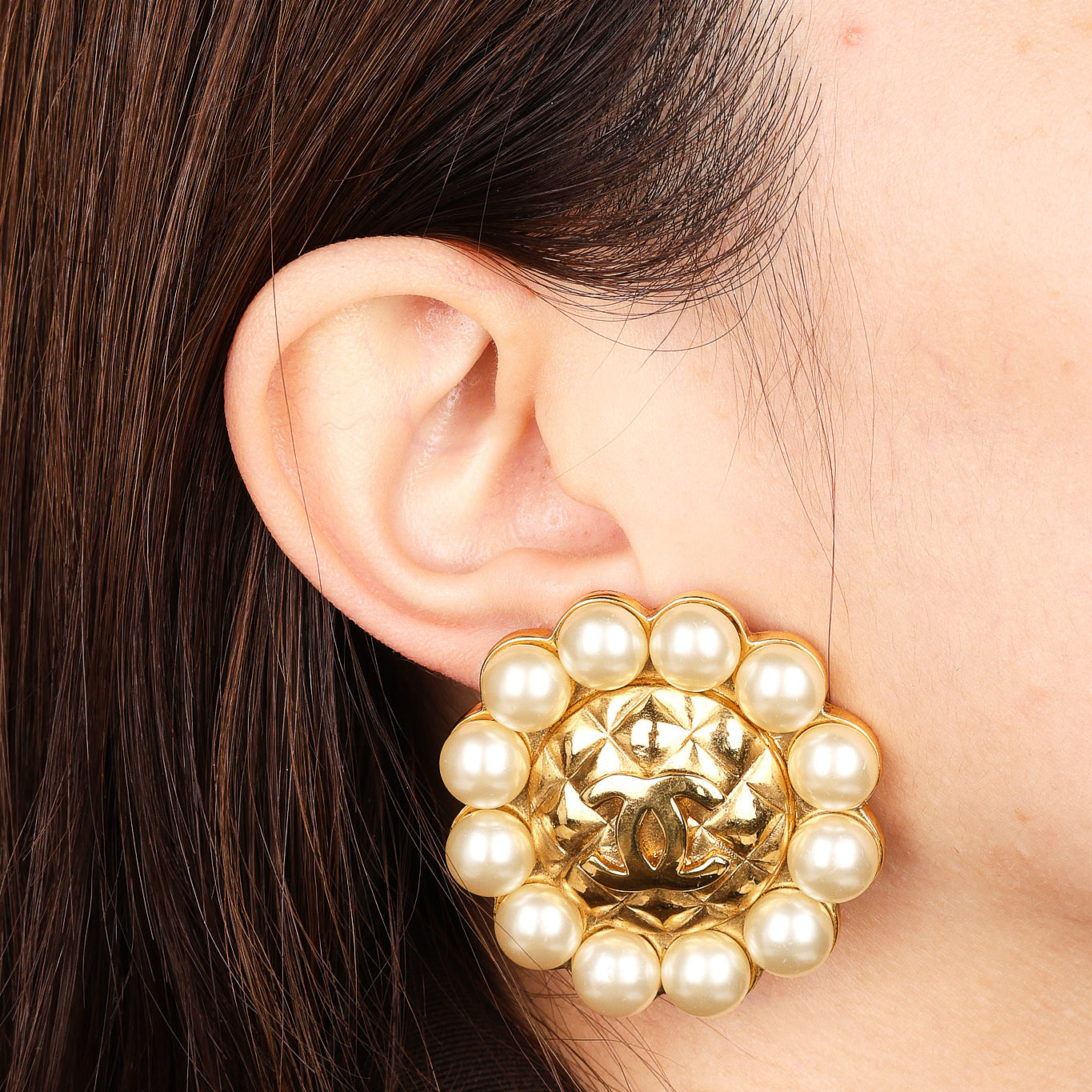 Chanel 1984 Woven CC Pearl Clip-On Earrings 24K GP