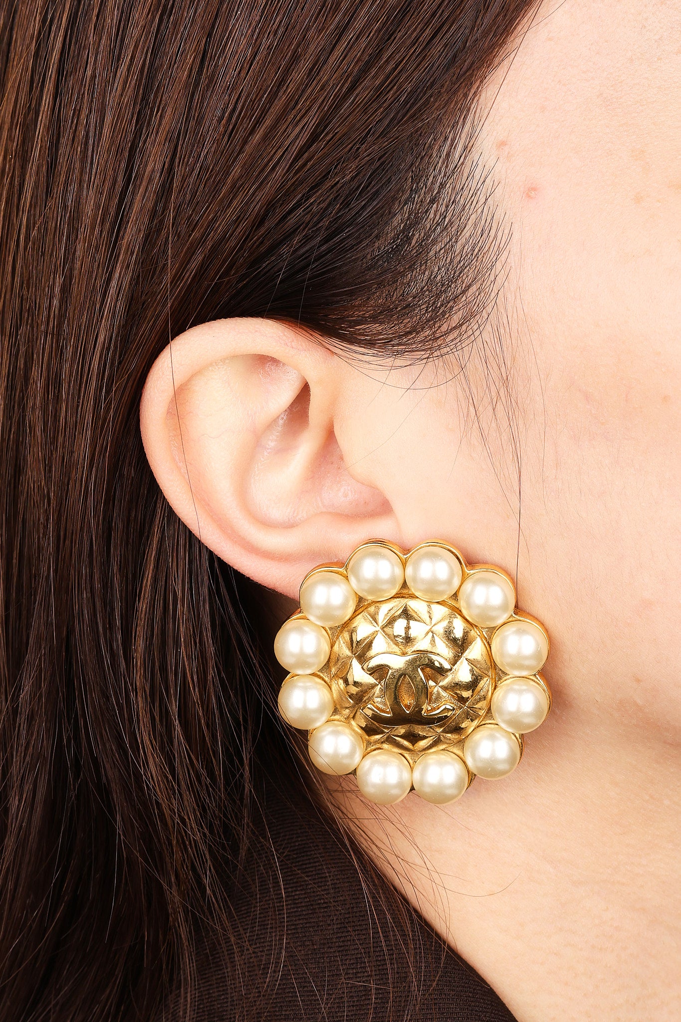Chanel 1984 Woven CC Pearl Clip-On Earrings 24K GP