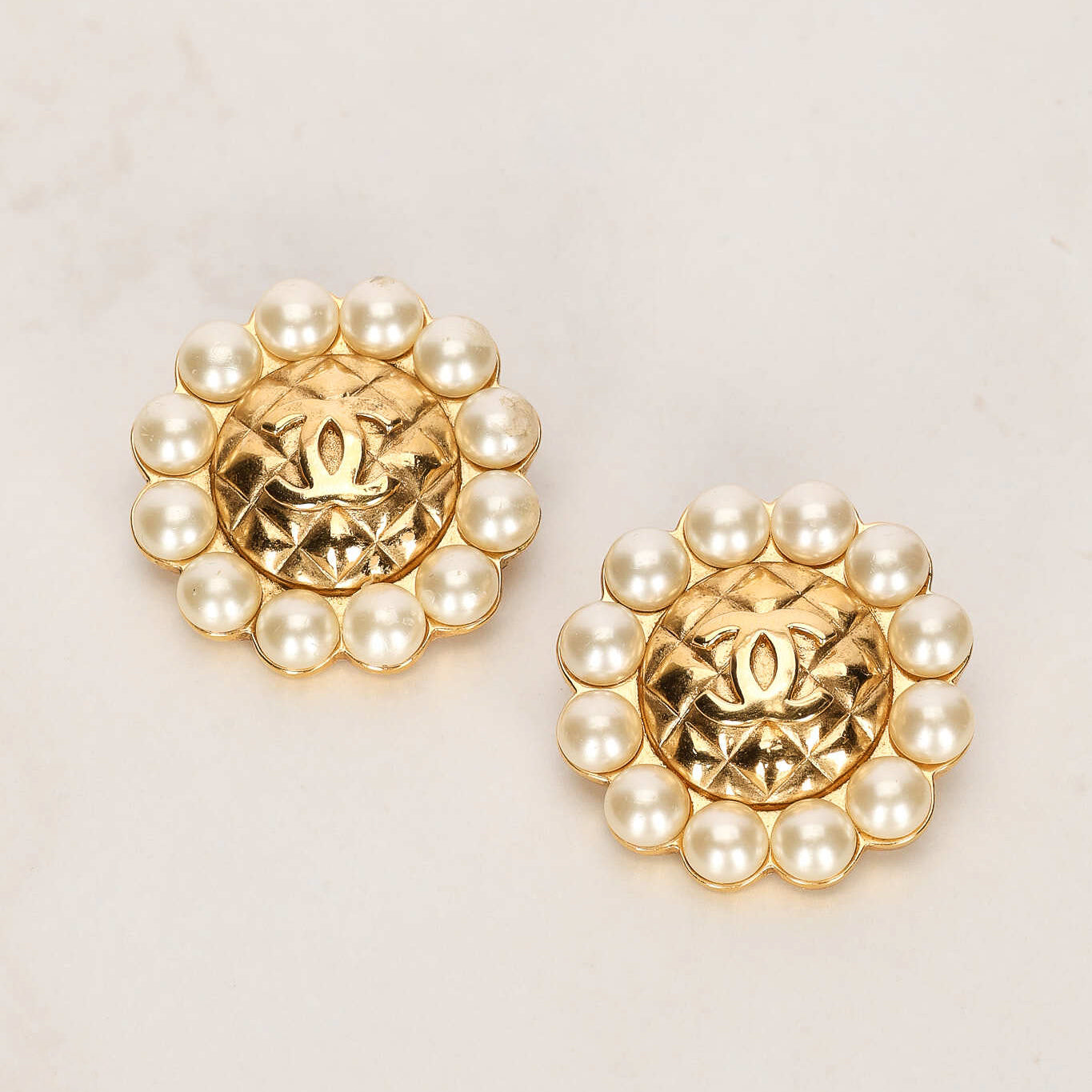 Chanel 1984 Woven CC Pearl Clip-On Earrings 24K GP