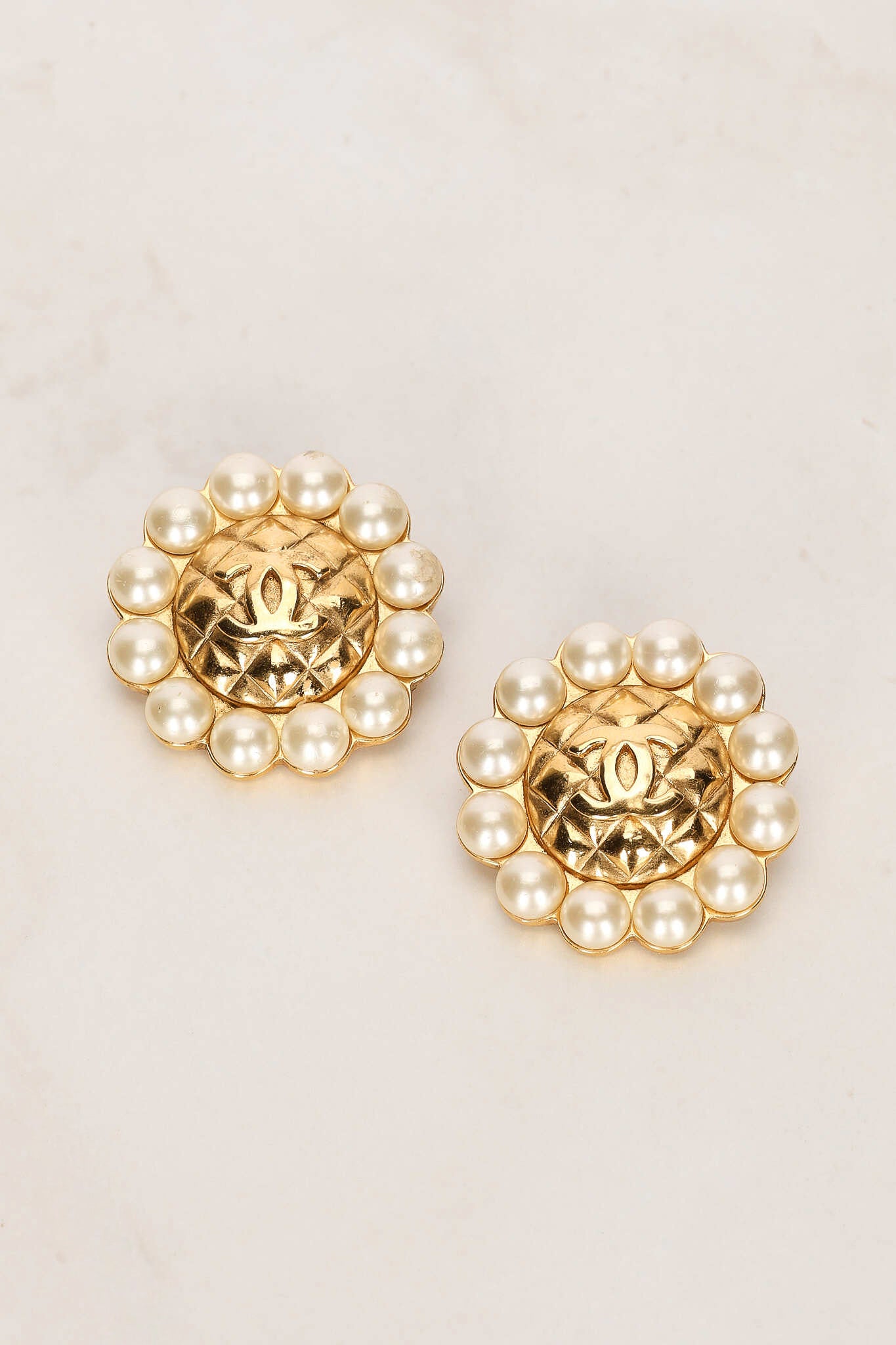 Chanel 1984 Woven CC Pearl Clip-On Earrings 24K GP