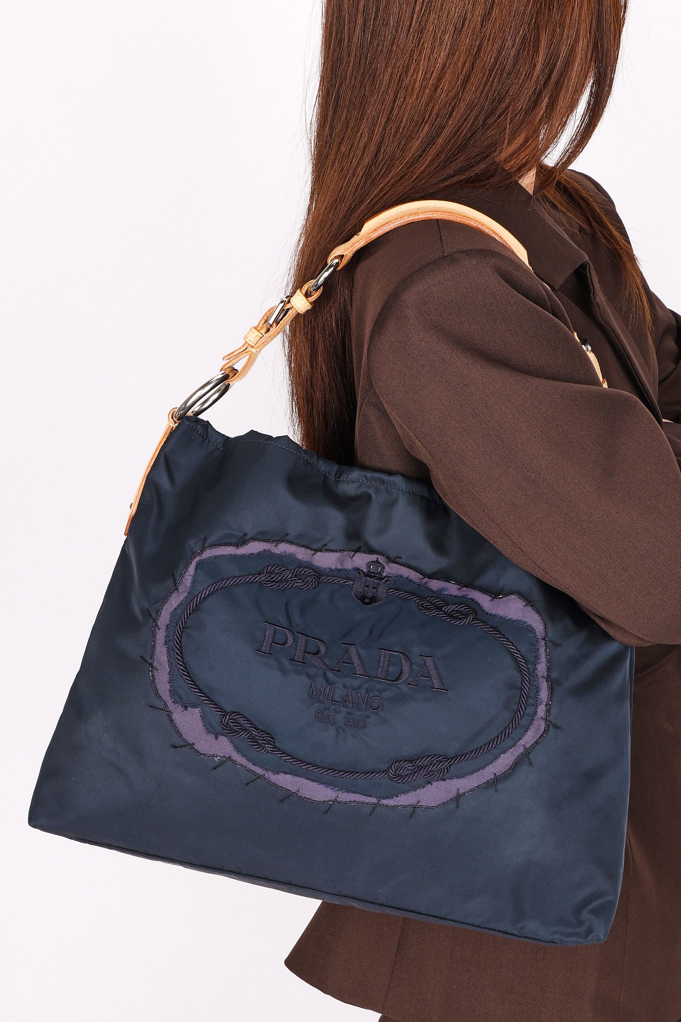 Prada Tessuto Logo Shoulder Bag Navy