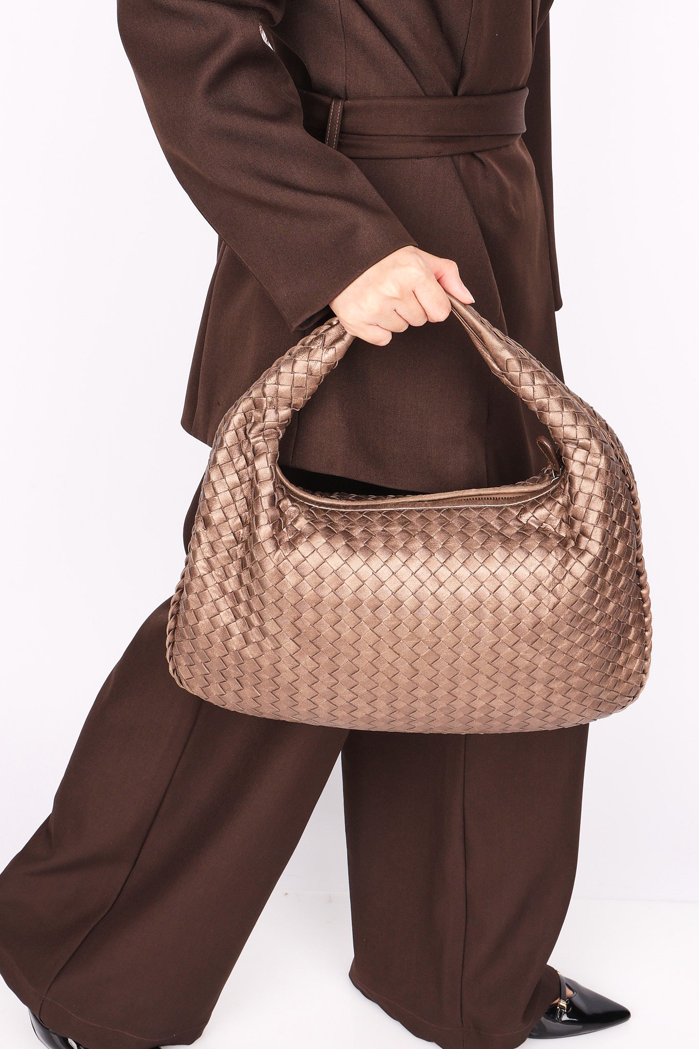 Bottega Veneta Small Intrecciato Hobo Metallic Taupe