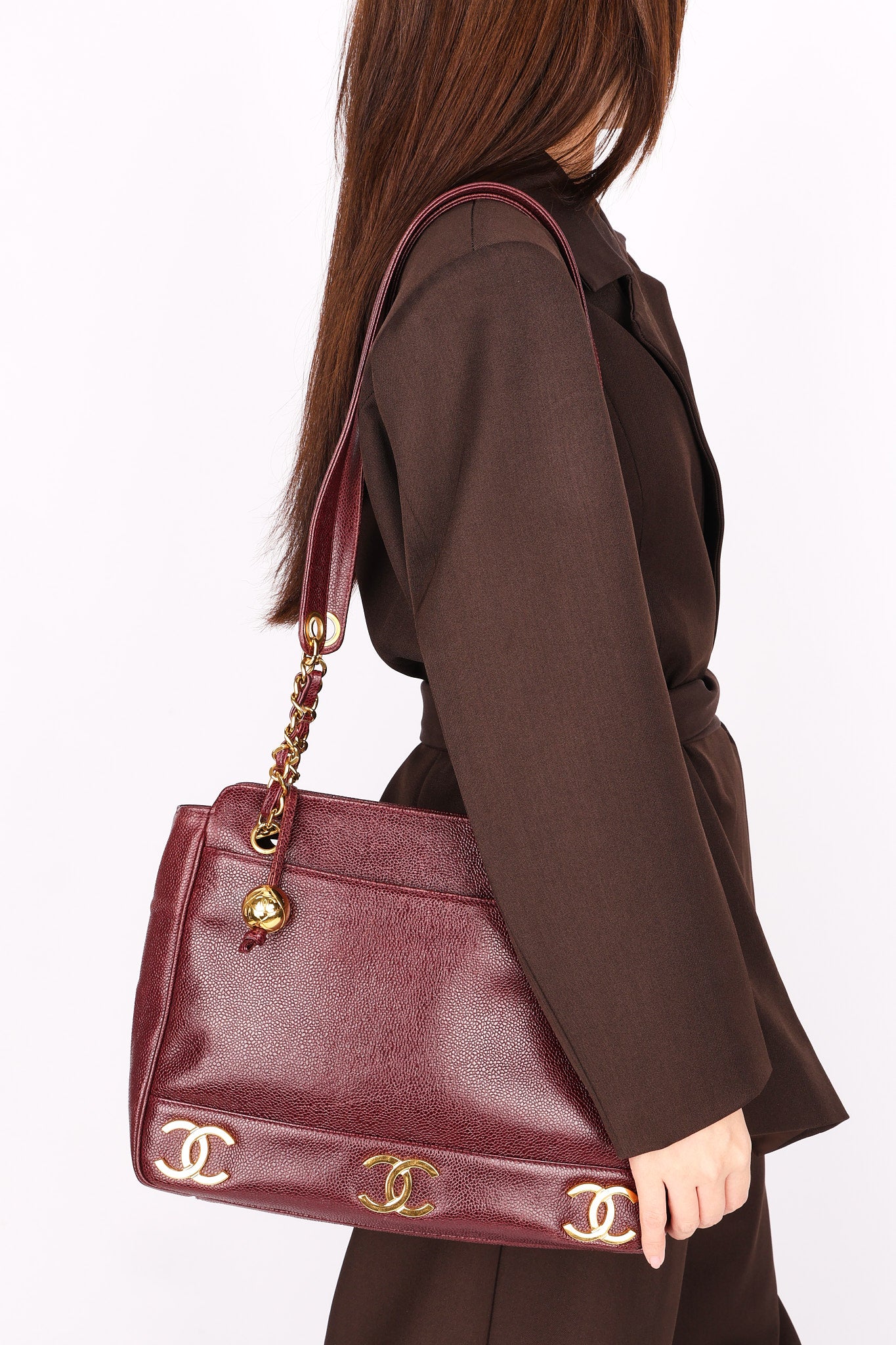 Chanel Triple CC Shoulder Bag Bordeaux Caviar 24K GP