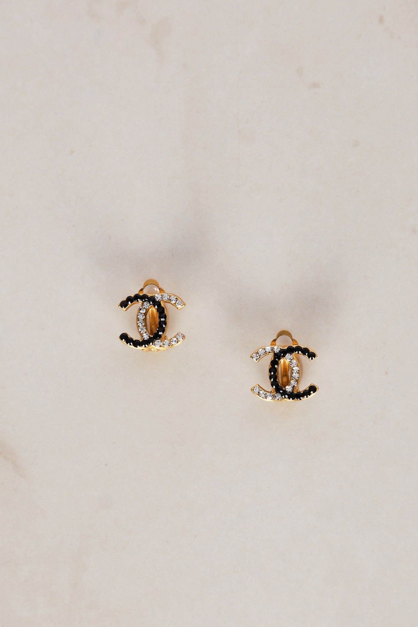 Chanel 2003 CC Onyx and Crystal Clip-On Earrings 24K GP
