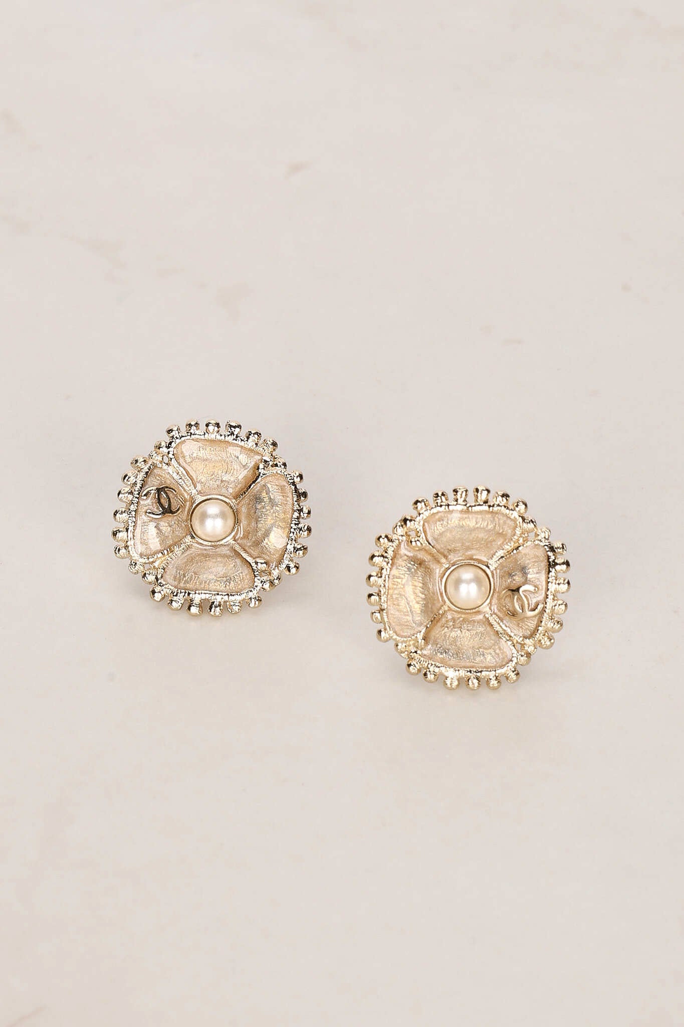 Chanel 2023 CC Champagne Pearl Shell Earrings