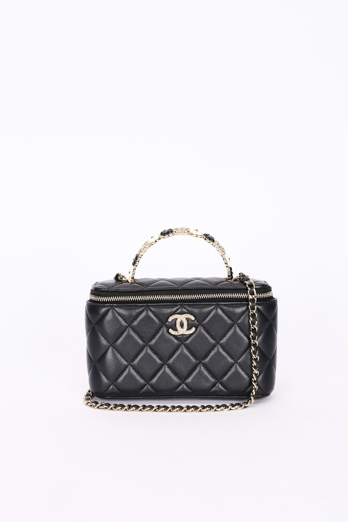 Chanel Flower Top Handle Vanity Case Black Lambskin CGHW