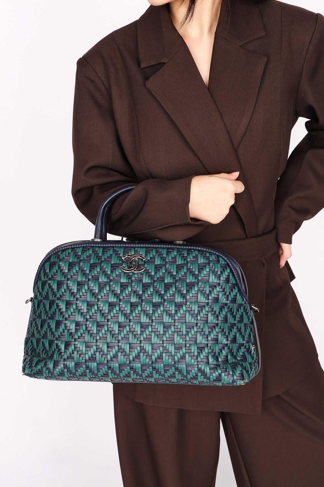 Chanel Woven Bowling Bag Green and Black Calfskin RHW