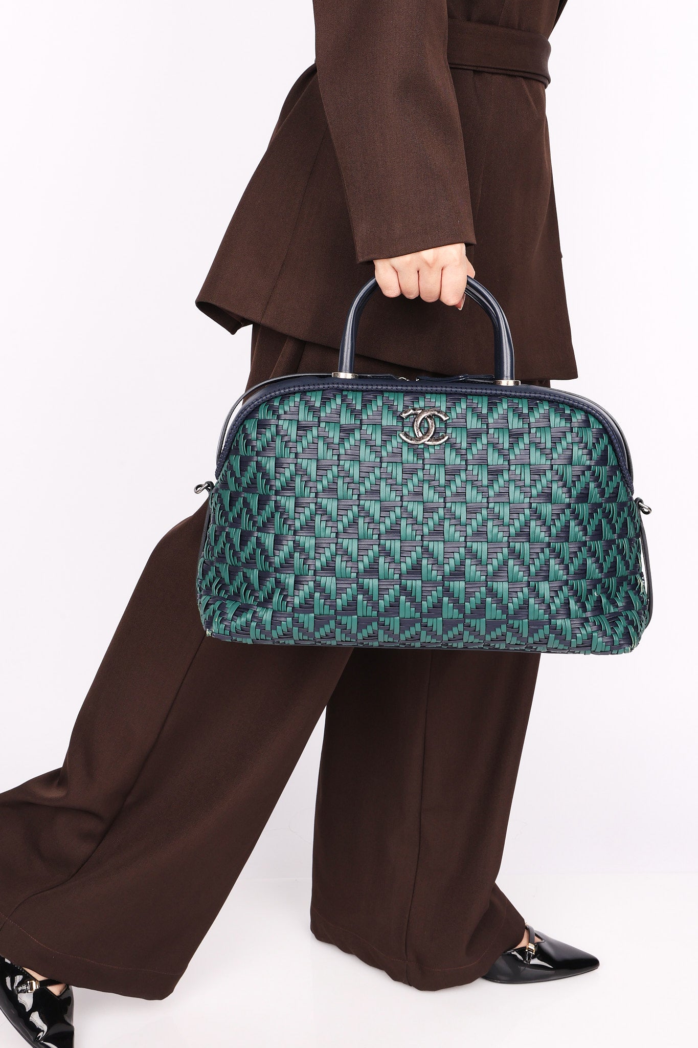 Chanel Woven Bowling Bag Green and Black Calfskin RHW