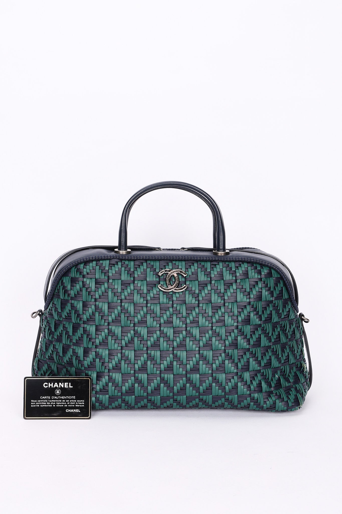 Chanel Woven Bowling Bag Green and Black Calfskin RHW