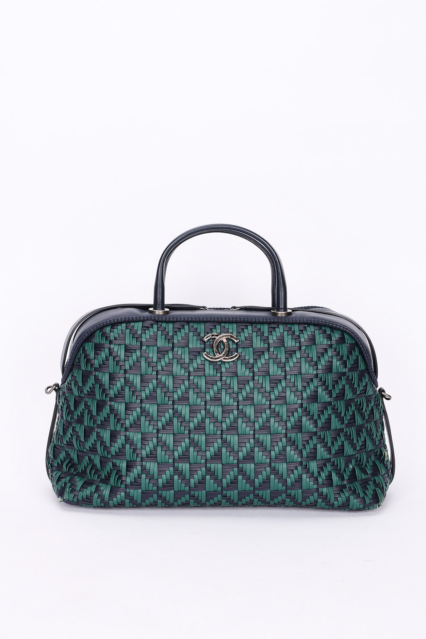 Chanel Woven Bowling Bag Green and Black Calfskin RHW