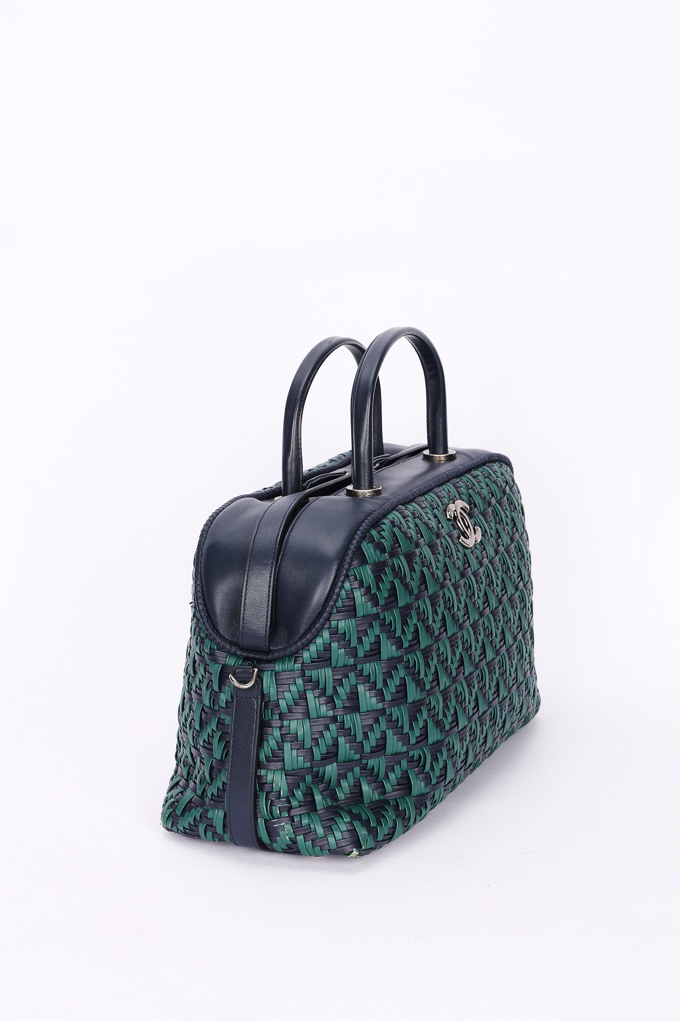 Chanel Woven Bowling Bag Green and Black Calfskin RHW