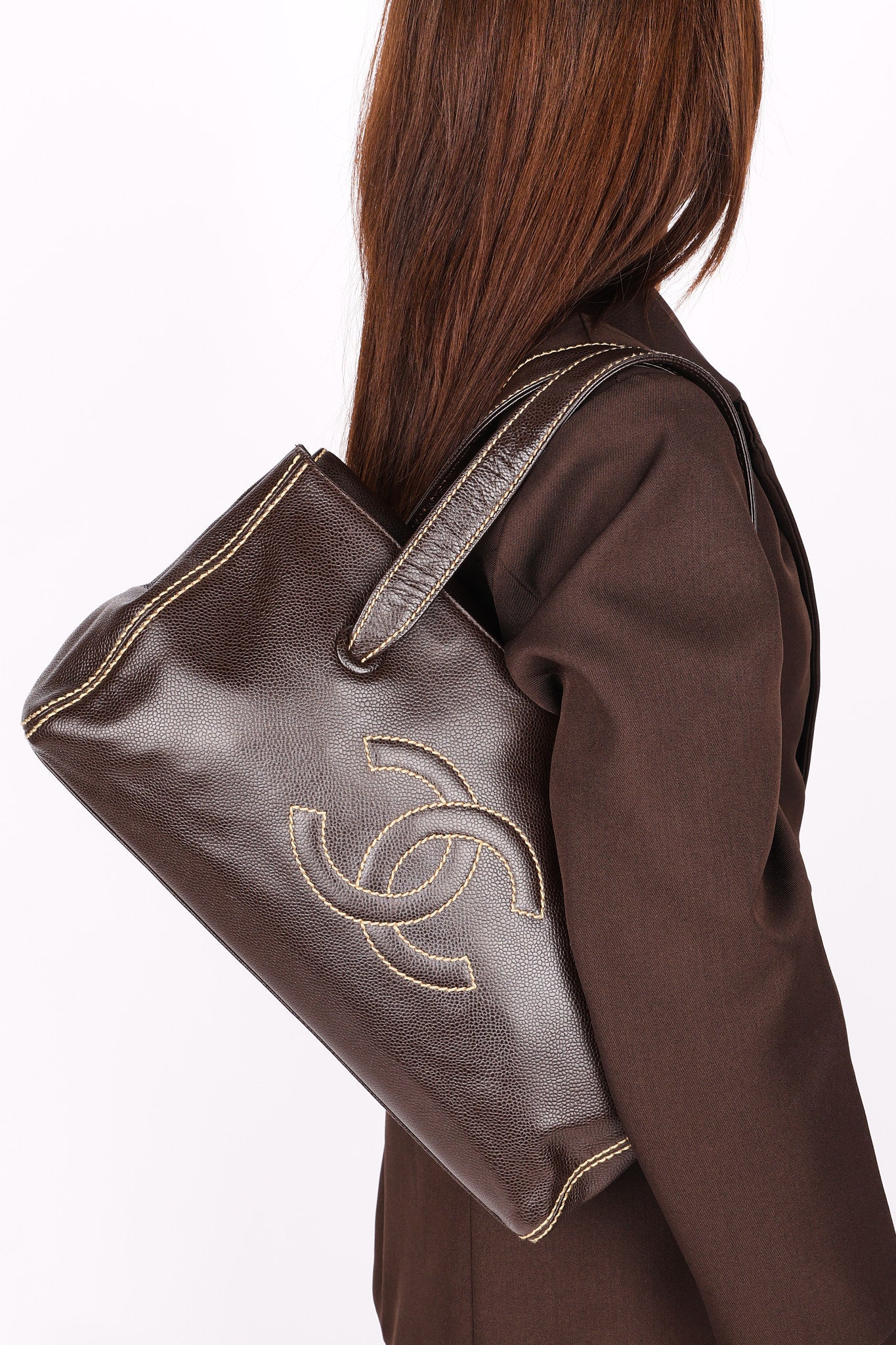 Chanel CC Stitched Tote Brown Caviar AGHW