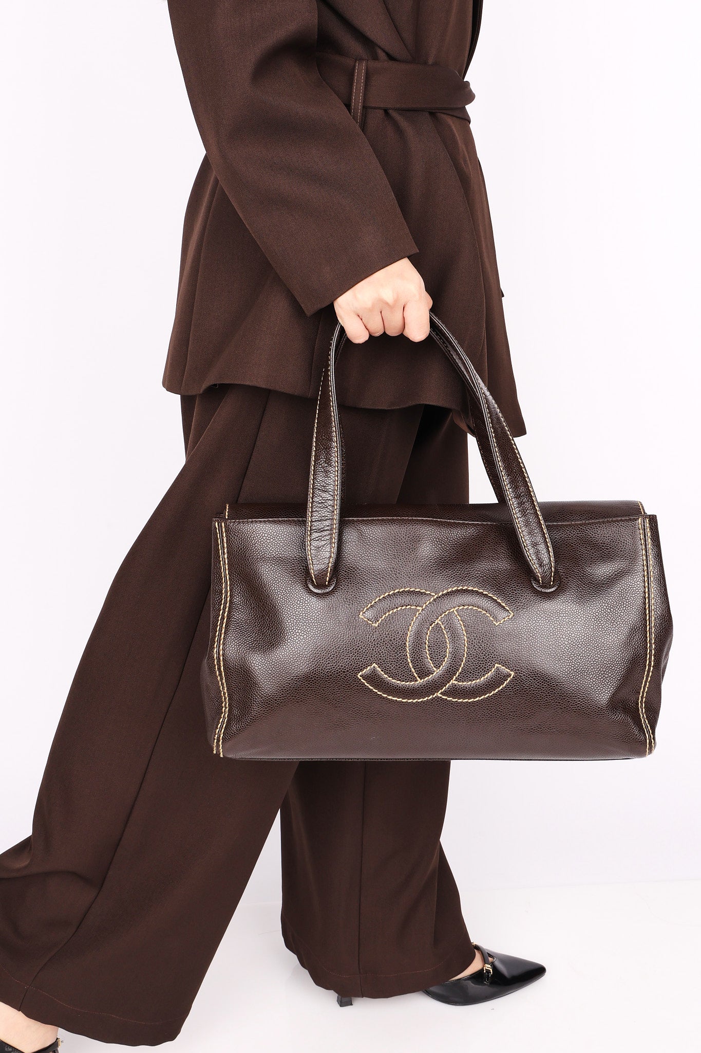 Chanel CC Stitched Tote Brown Caviar AGHW
