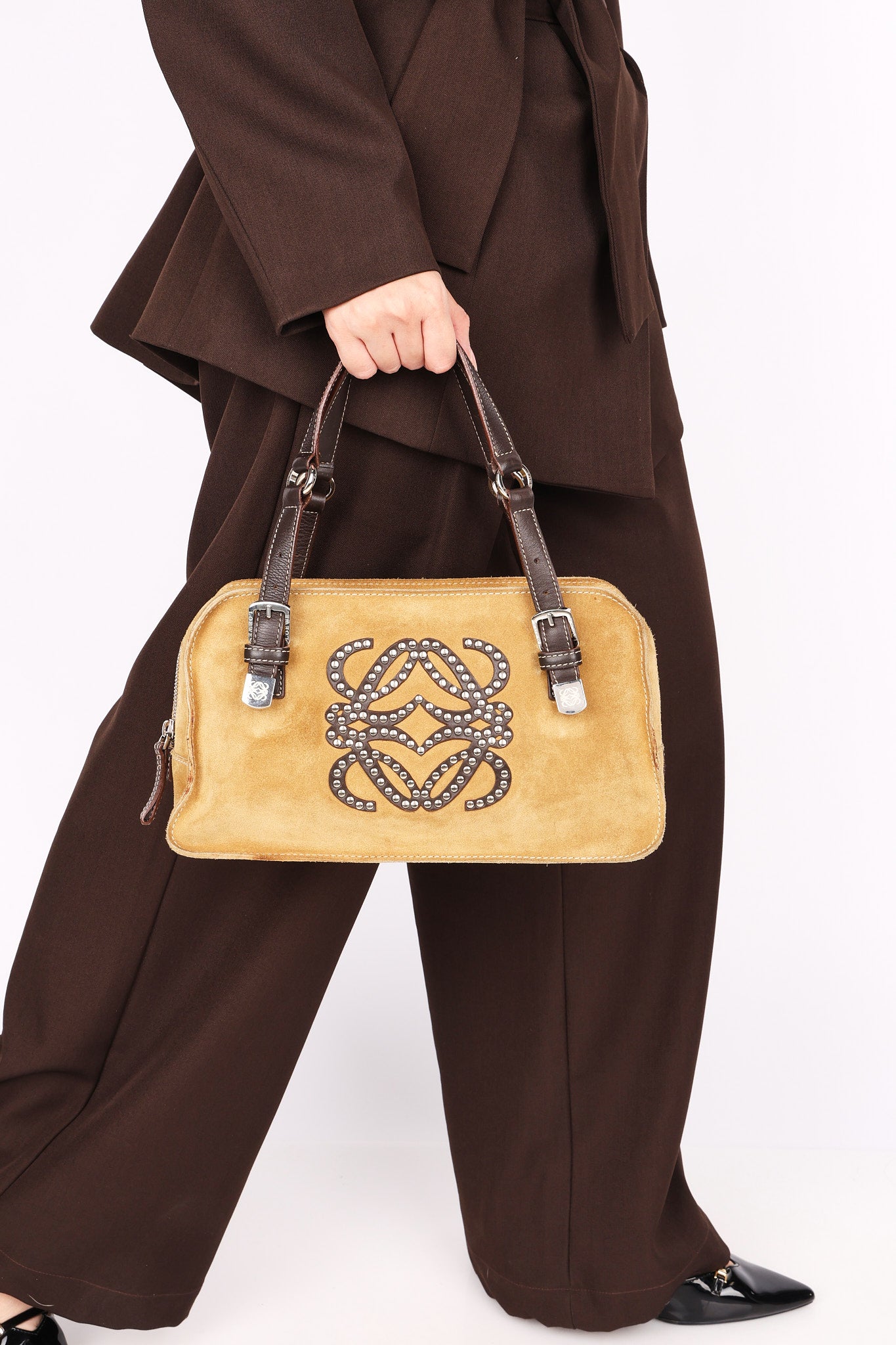 Loewe Anagram Studded Suede Boston Bag