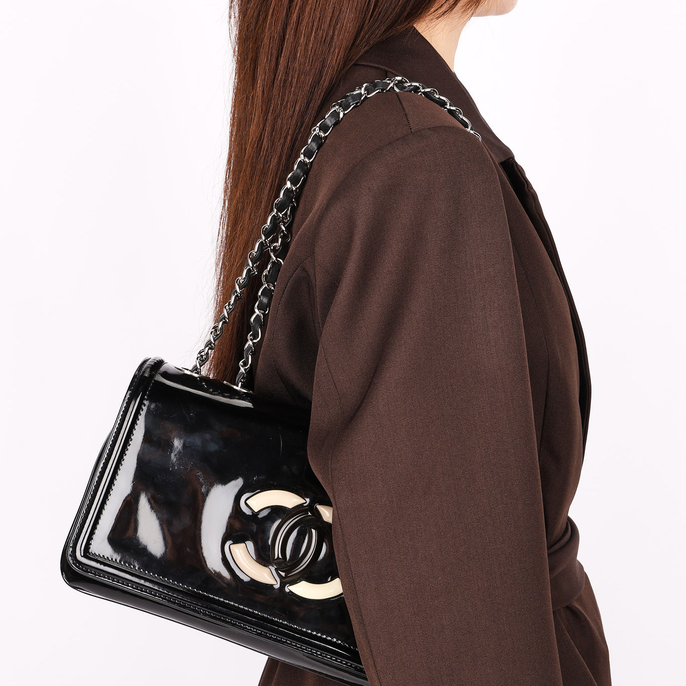 Chanel Single Flap Black Patent SHW