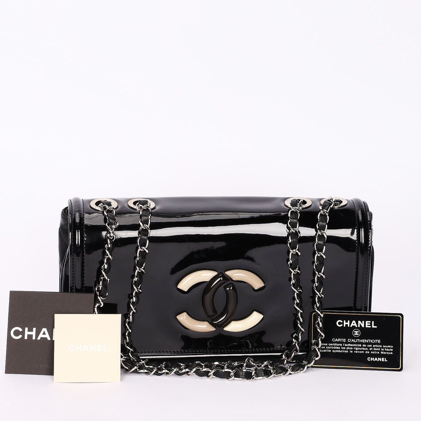 Chanel Single Flap Black Patent SHW