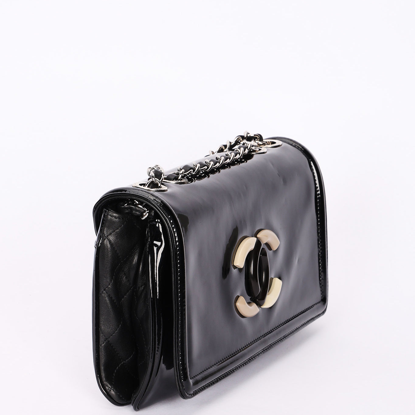 Chanel Single Flap Black Patent SHW