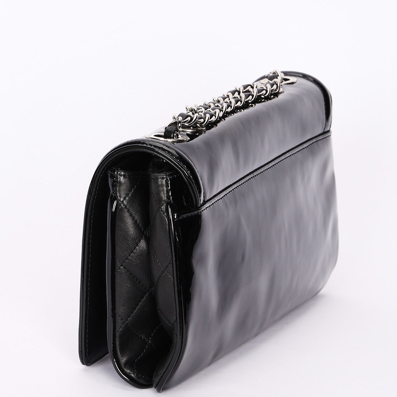 Chanel Single Flap Black Patent SHW