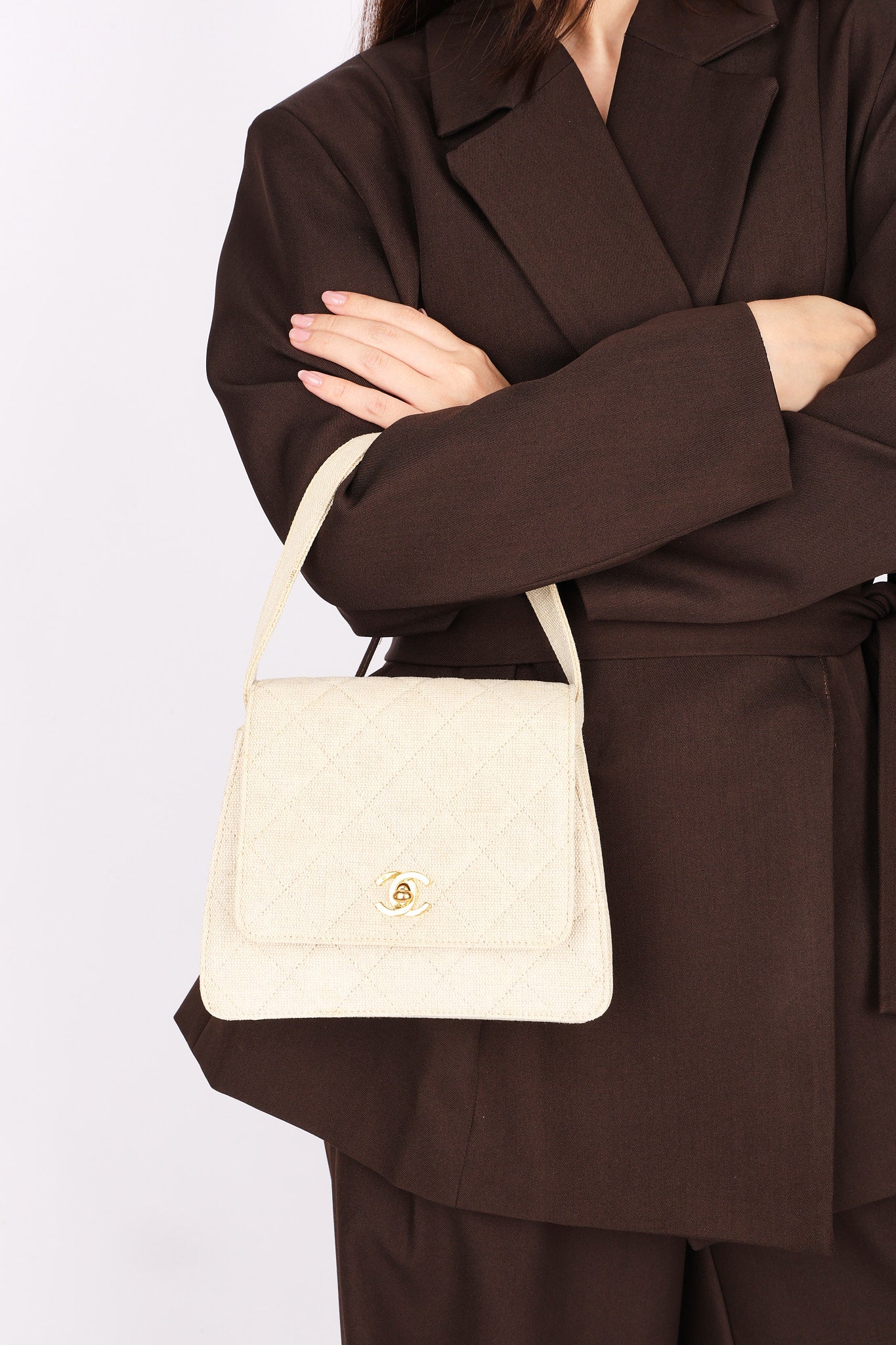Chanel Kelly Turnlock Top Handle Flap Cream Linen 24K GP