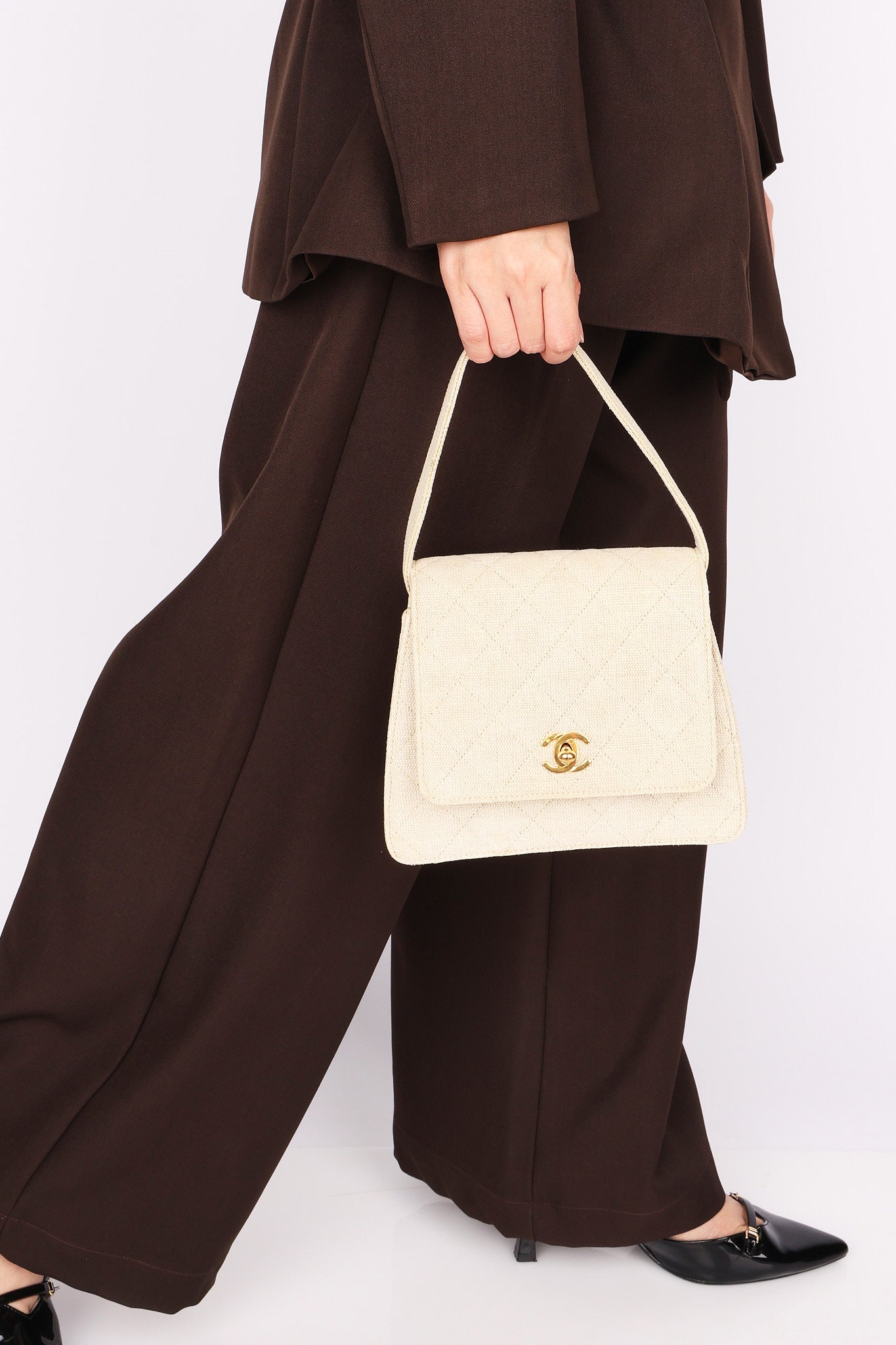 Chanel Kelly Turnlock Top Handle Flap Cream Linen 24K GP