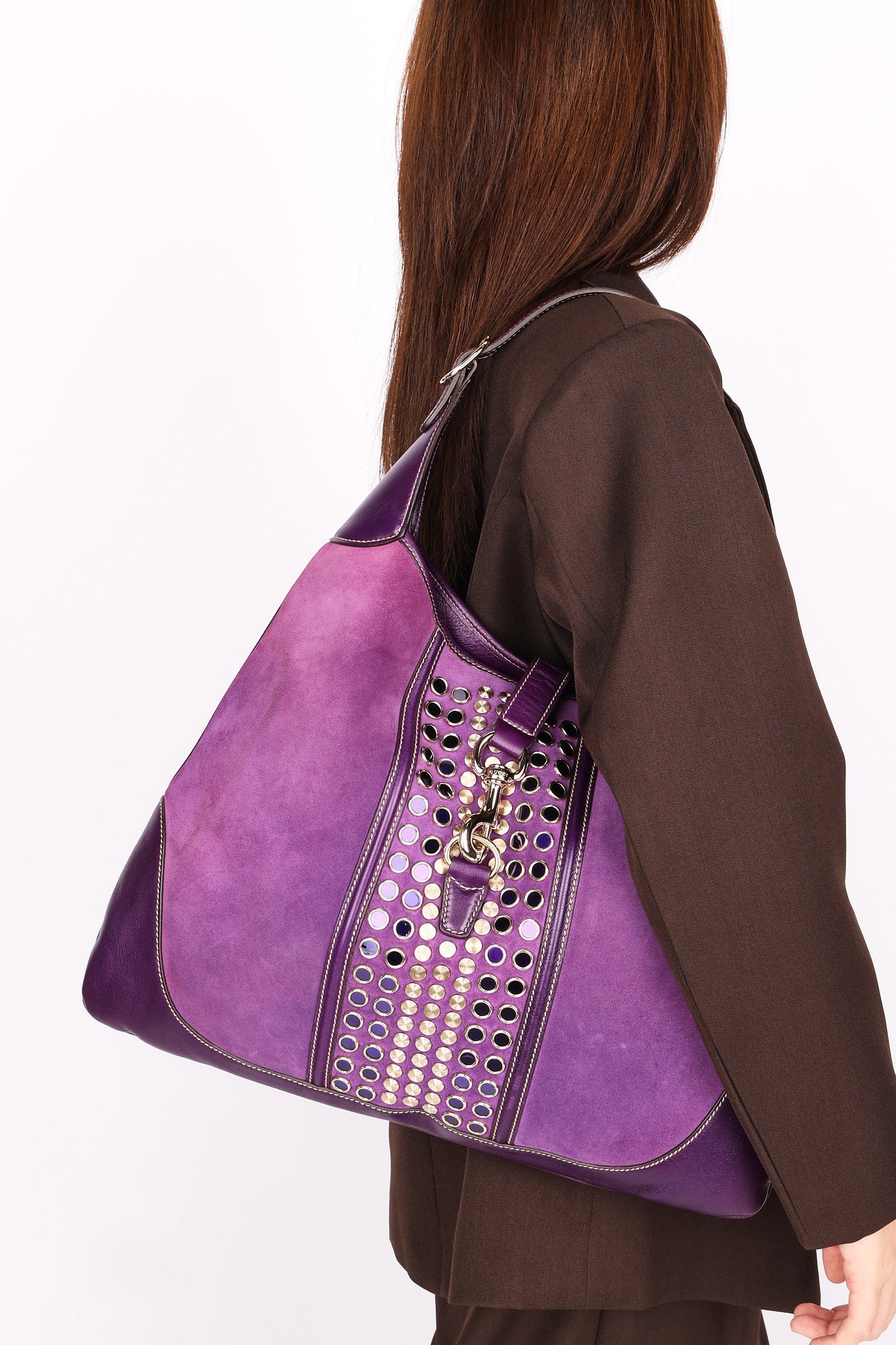 Gucci Studded Jackie O Bouvier Hobo Purple Suede