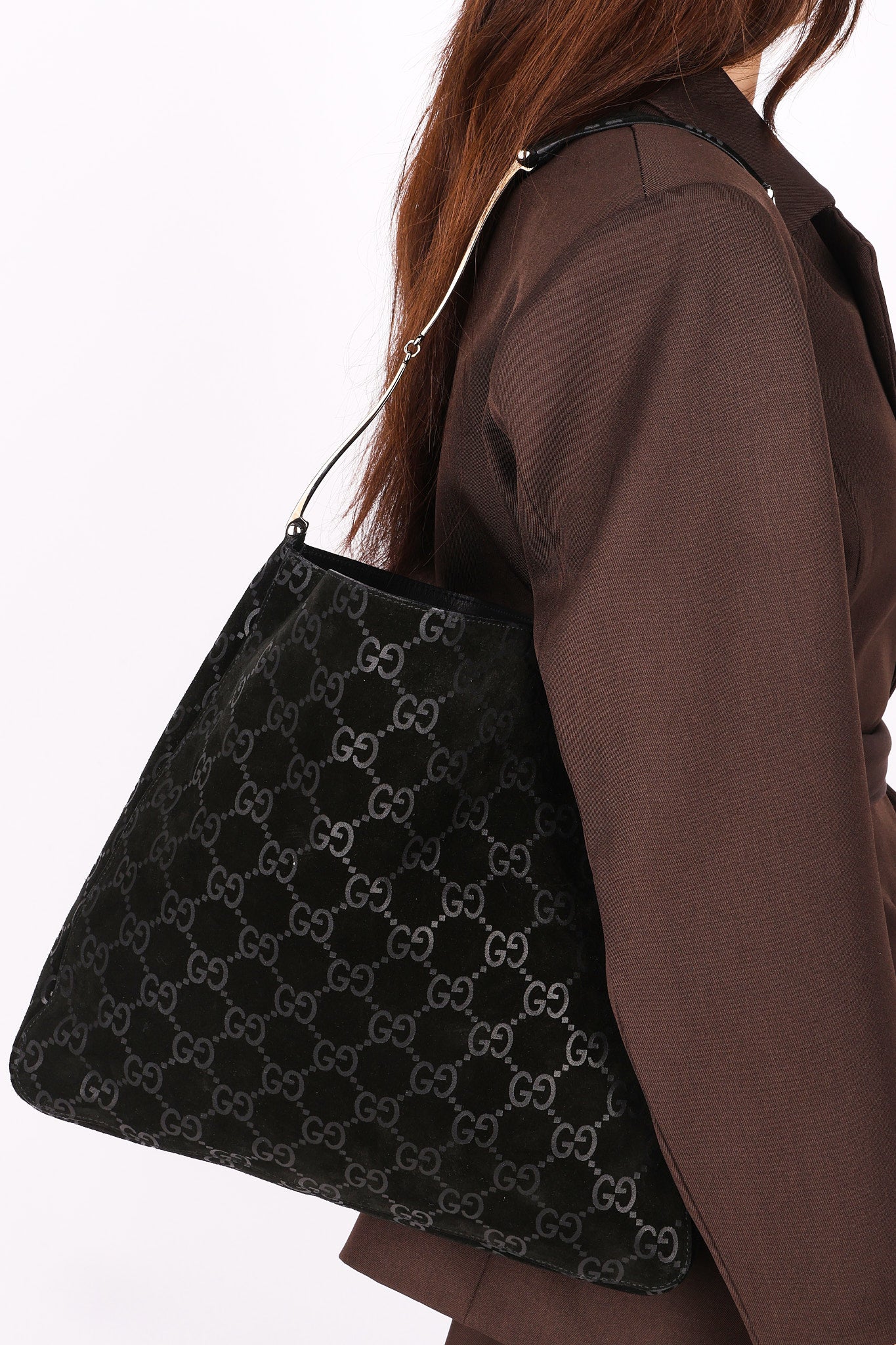 Gucci Monogram Suede Shoulder Bag with Pouch