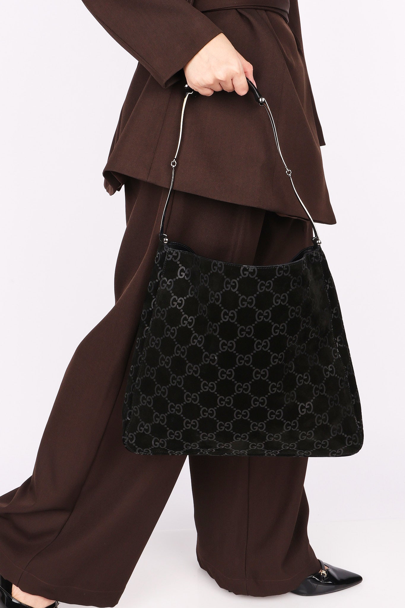Gucci Monogram Suede Shoulder Bag with Pouch