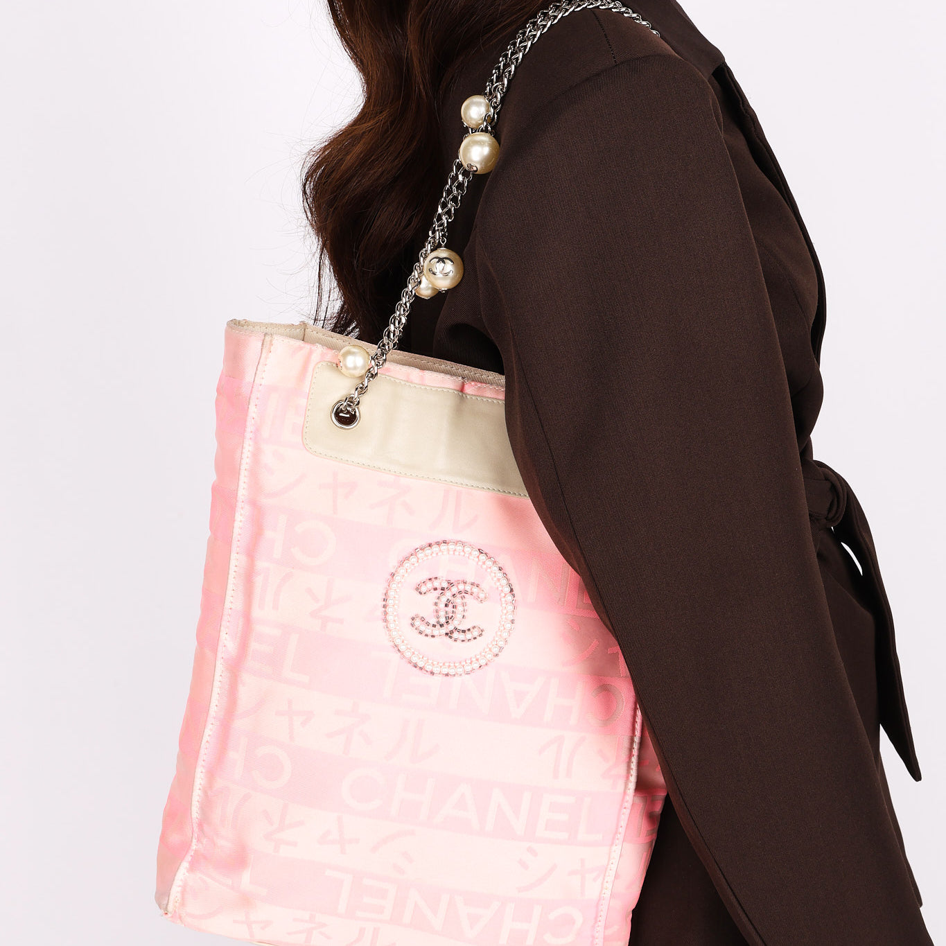 Chanel Ginza Pearl Tote Pink Canvas SHW