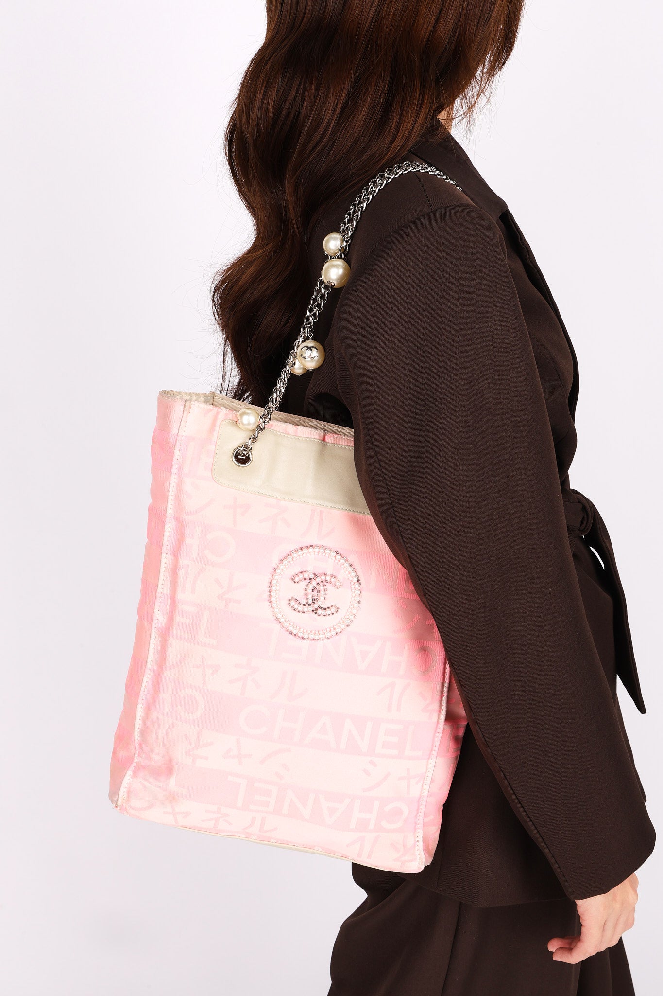 Chanel Ginza Pearl Tote Pink Canvas SHW
