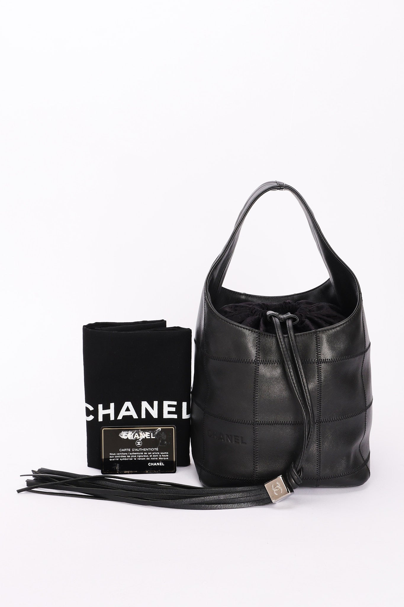Chanel Square Stitch Bucket Bag Black Lambskin DSHW