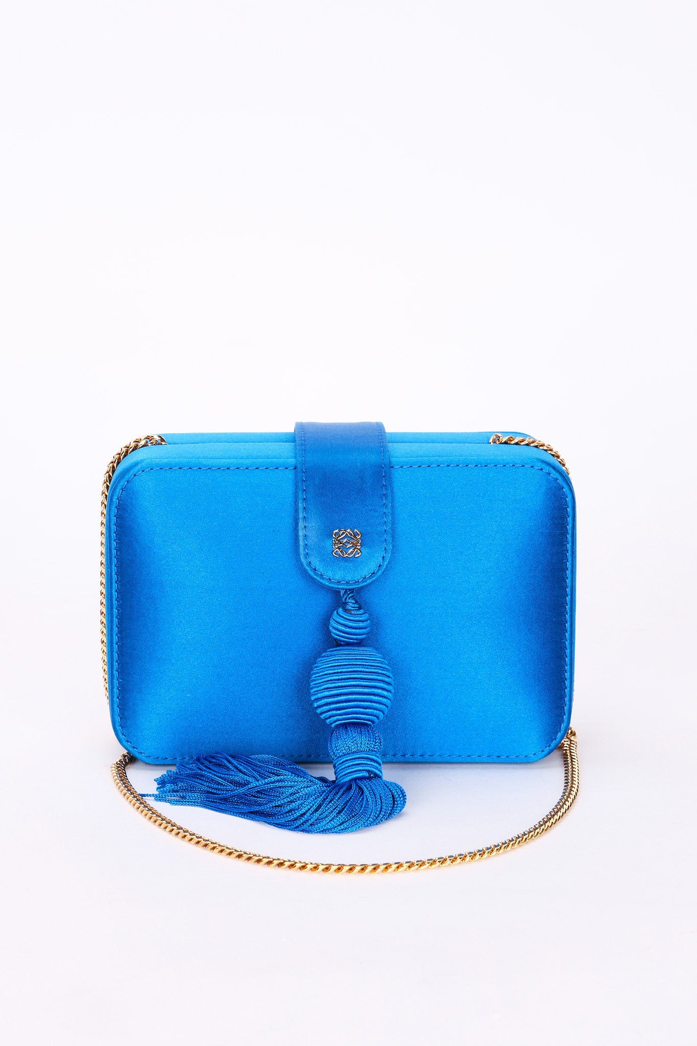 Loewe Tassel Box Clutch with Chain Cobalt Blue Satin