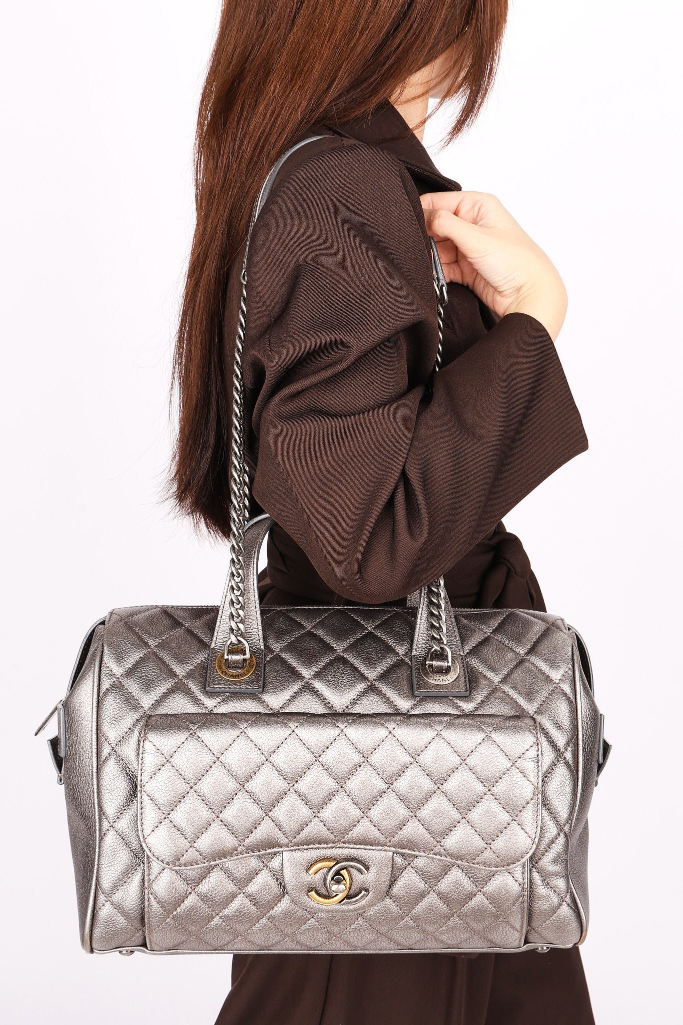 Chanel Large Casual Pocket Bowling Bag Grey Metallic Calfskin 2016 RHW - Drop 79