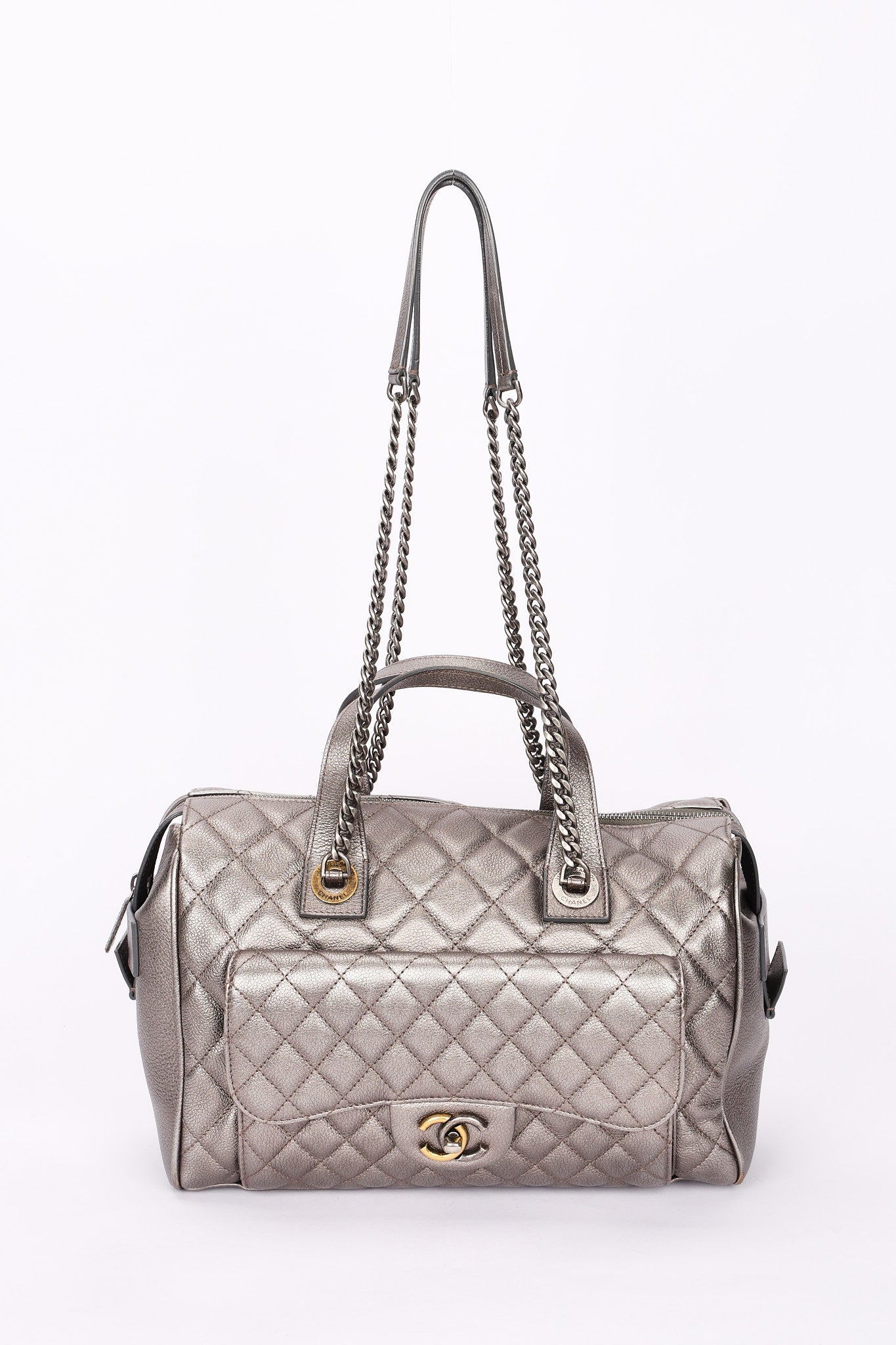 Chanel Large Casual Pocket Bowling Bag Grey Metallic Calfskin RHW