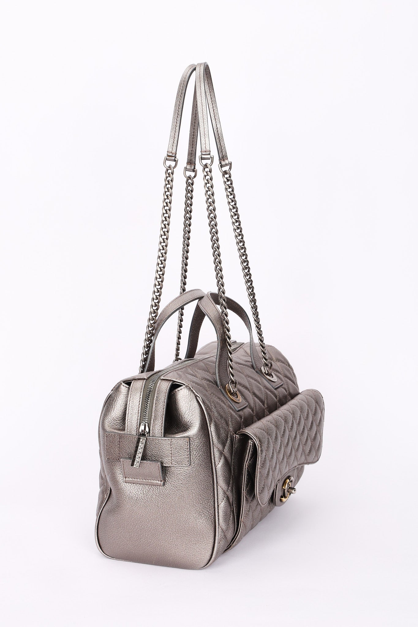 Chanel Large Casual Pocket Bowling Bag Grey Metallic Calfskin RHW