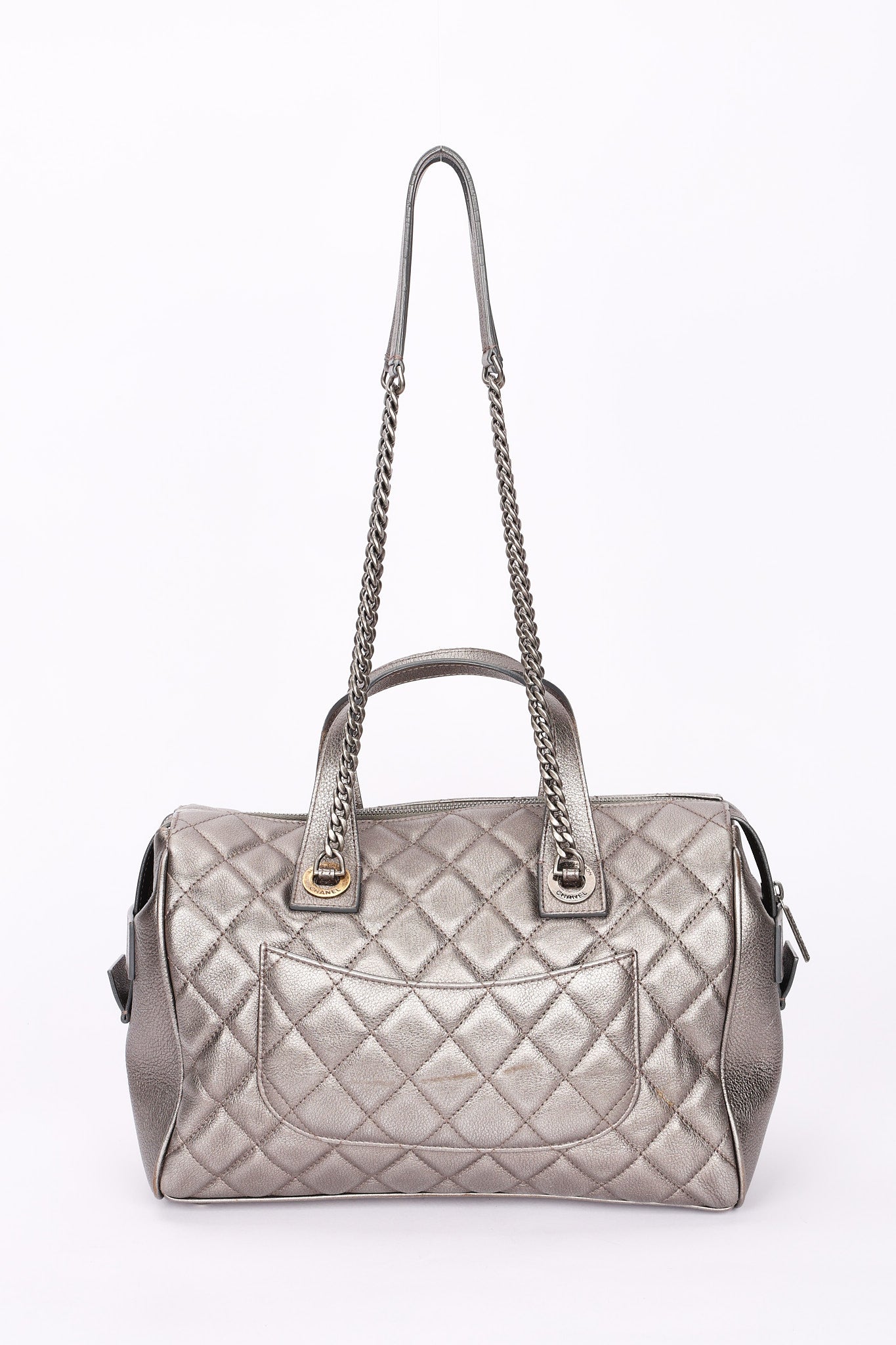 Chanel Large Casual Pocket Bowling Bag Grey Metallic Calfskin RHW