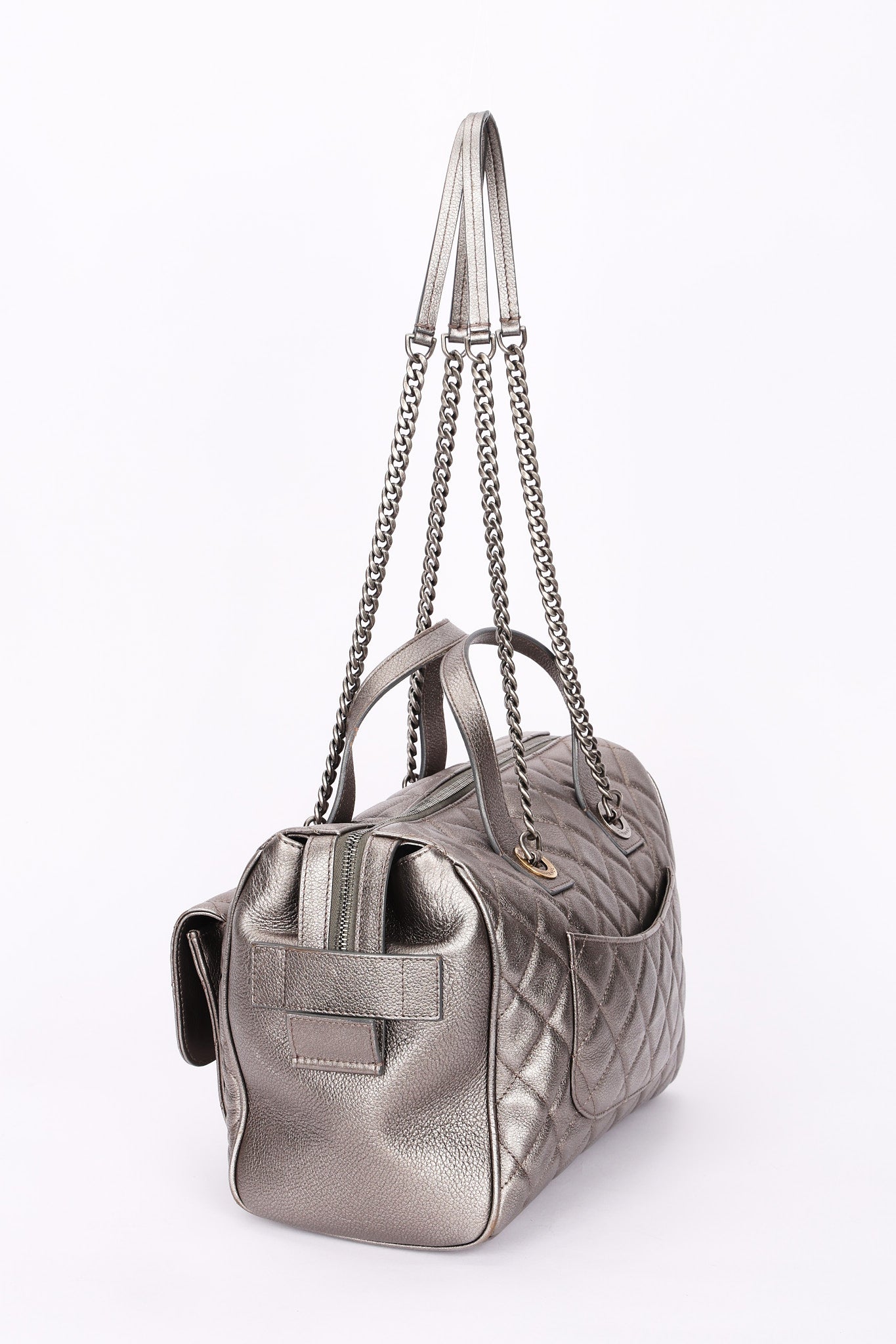 Chanel Large Casual Pocket Bowling Bag Grey Metallic Calfskin RHW