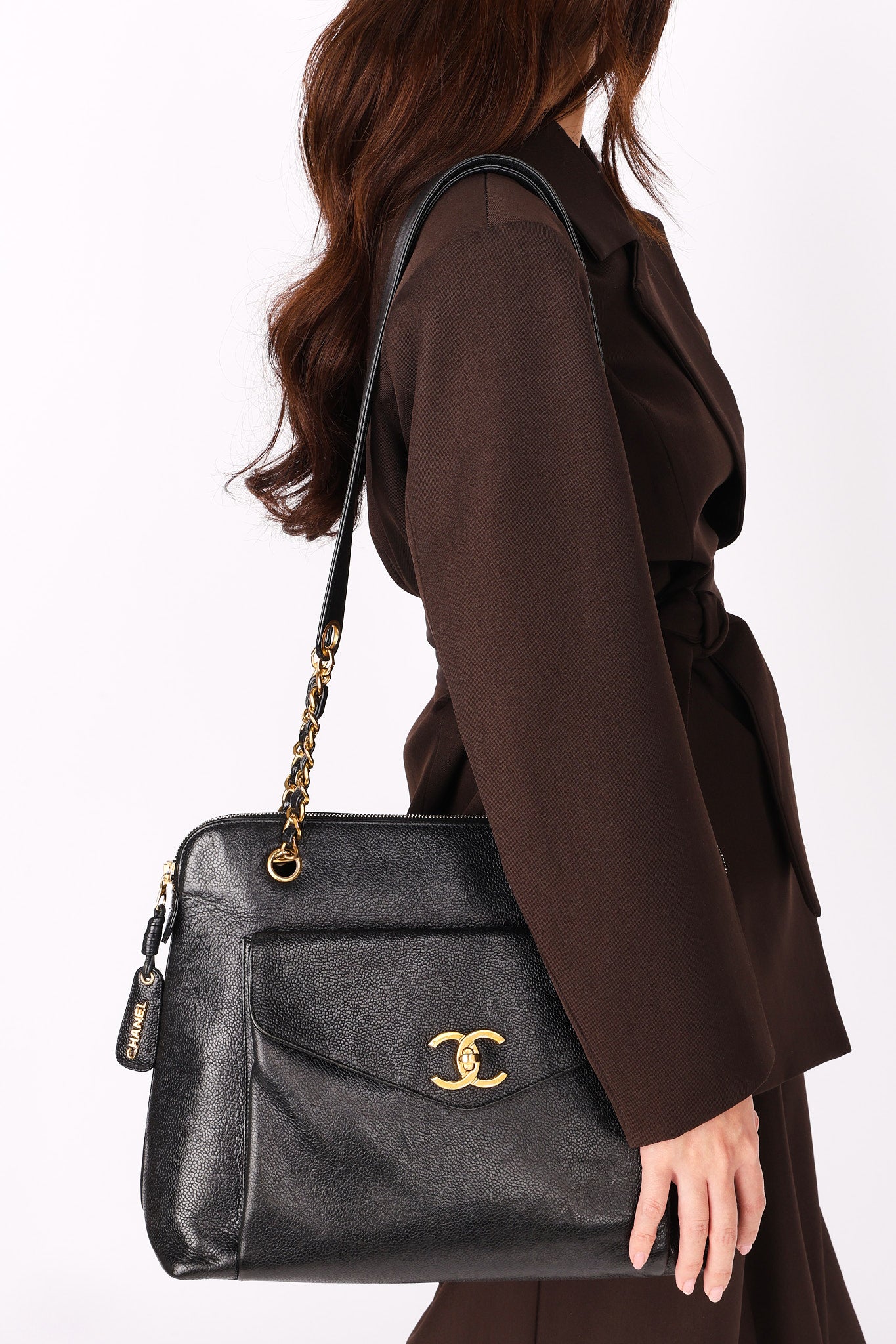 Chanel Front Turnlock Pocket Shoulder Bag Black Caviar 24K GP