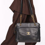 Chanel Front Turnlock Pocket Shoulder Bag Black Caviar 24K GP