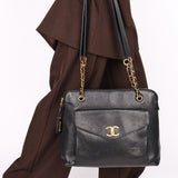Chanel Front Turnlock Pocket Shoulder Bag Black Caviar 24K GP