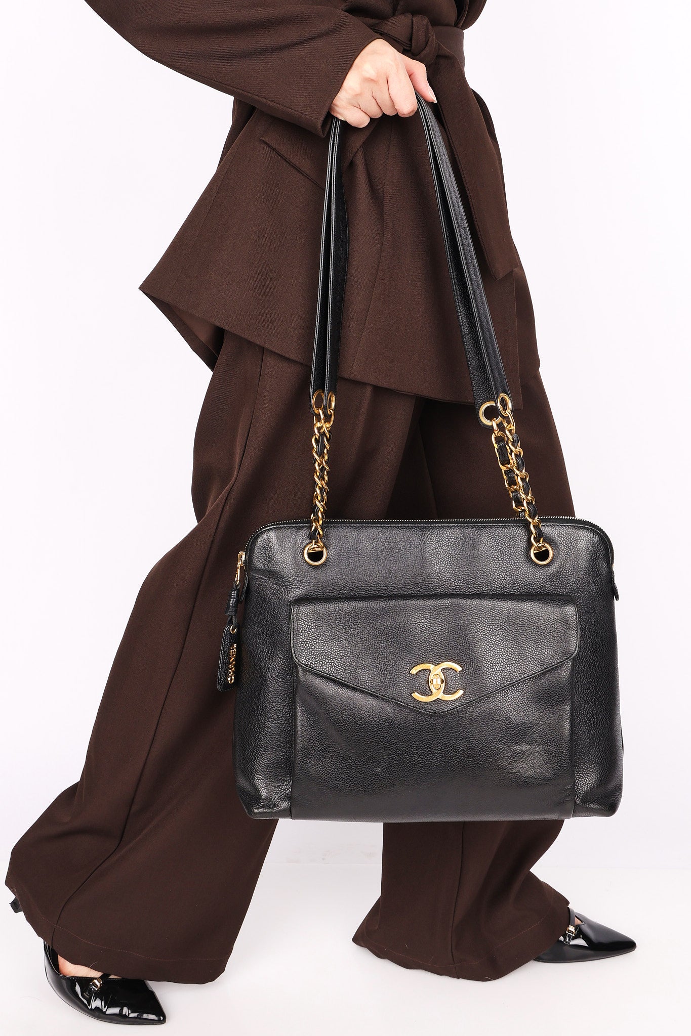 Chanel Front Turnlock Pocket Shoulder Bag Black Caviar 24K GP