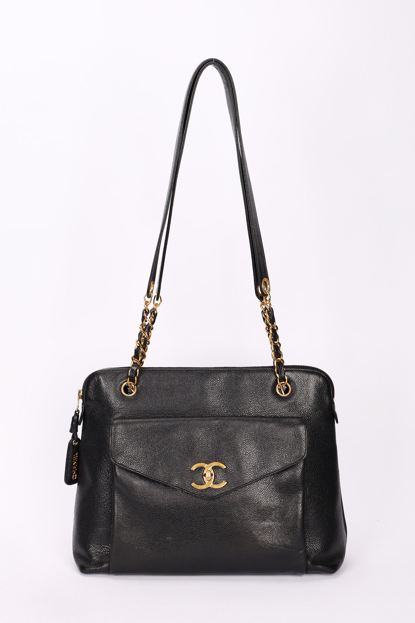 Chanel Front Turnlock Pocket Shoulder Bag Black Caviar 24K GP