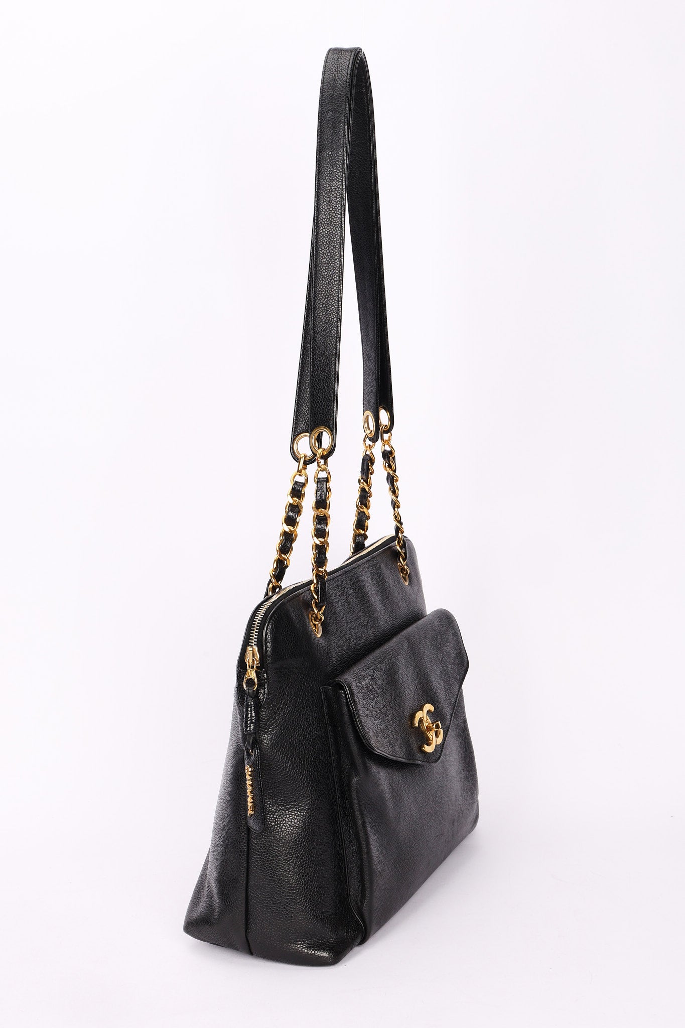 Chanel Front Turnlock Pocket Shoulder Bag Black Caviar 24K GP