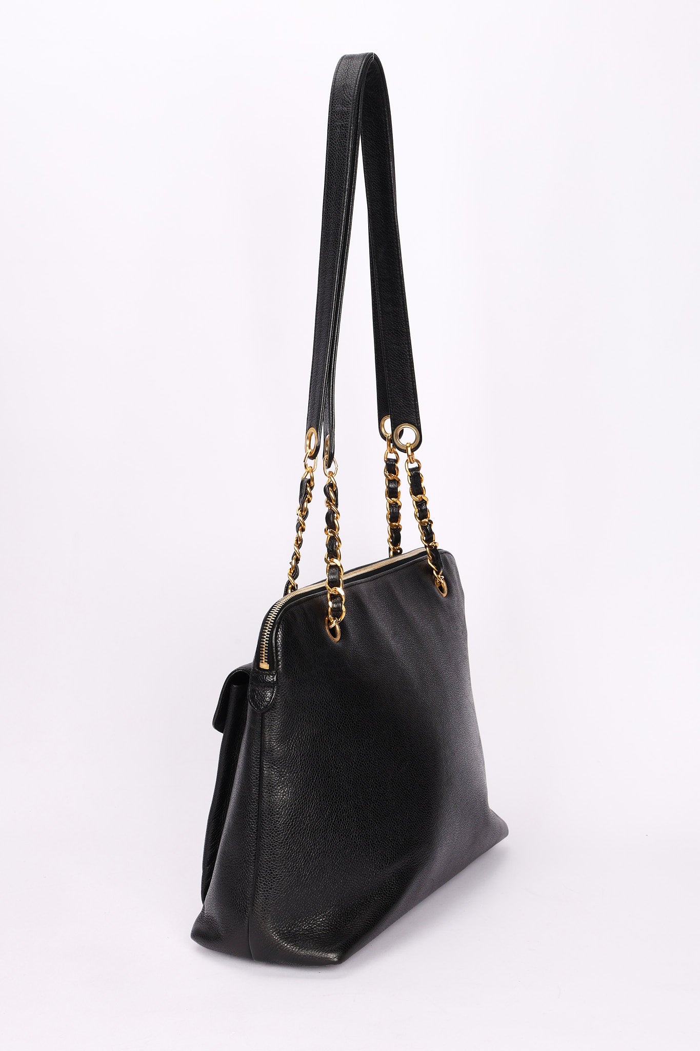 Chanel Front Turnlock Pocket Shoulder Bag Black Caviar 24K GP