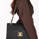 Chanel XL CC Maxi Single Flap Black Denim 24K GP