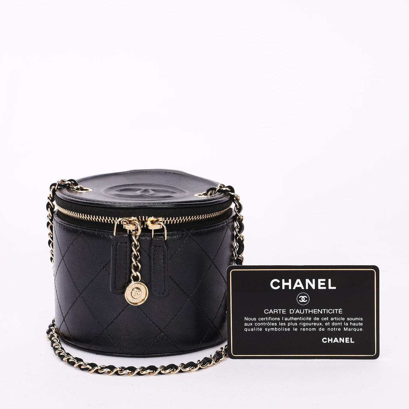 Chanel Mini Round Vanity Case with Chain Black Lambskin CGHW