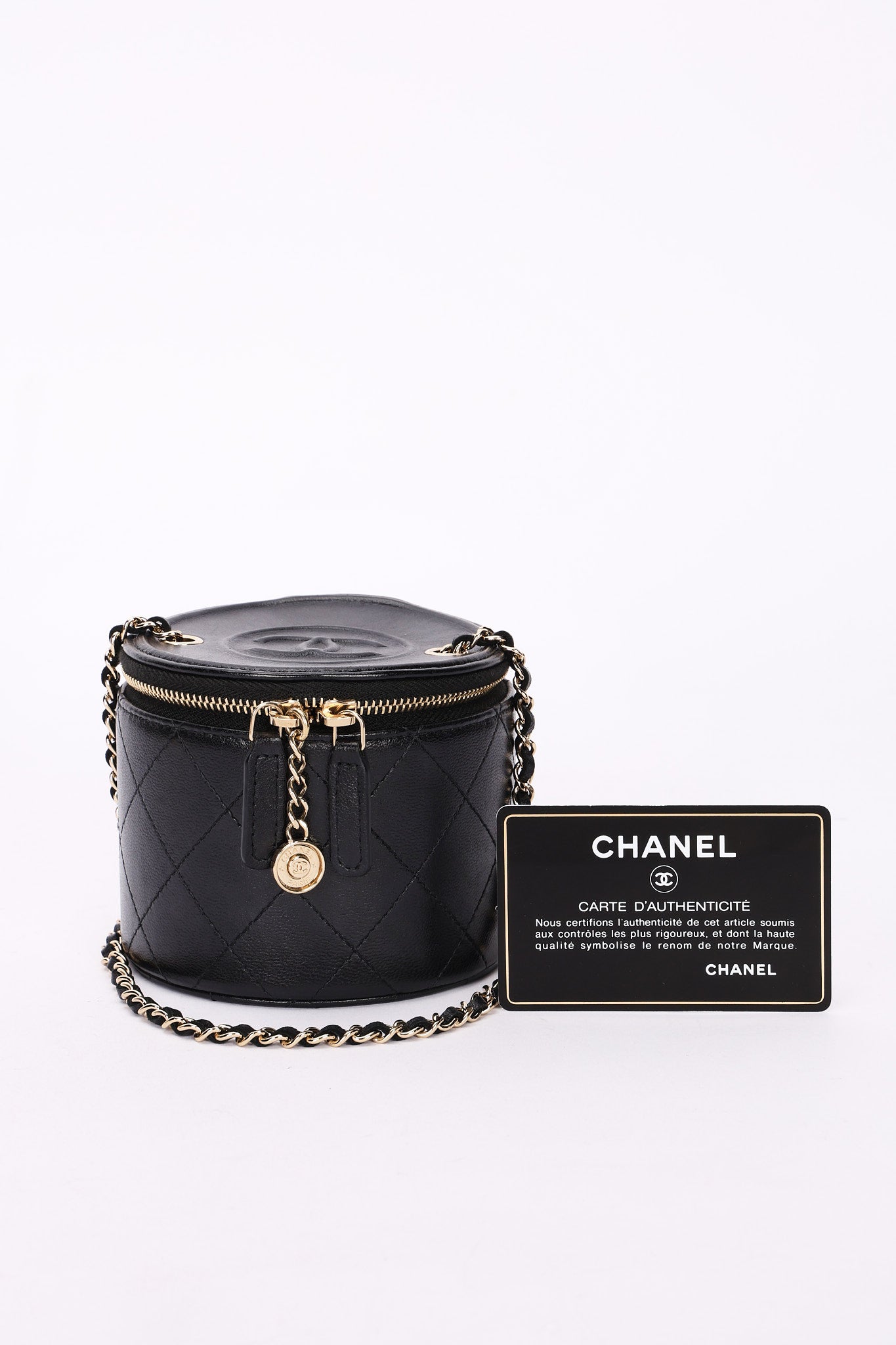 Chanel Mini Round Vanity Case with Chain Black Lambskin CGHW