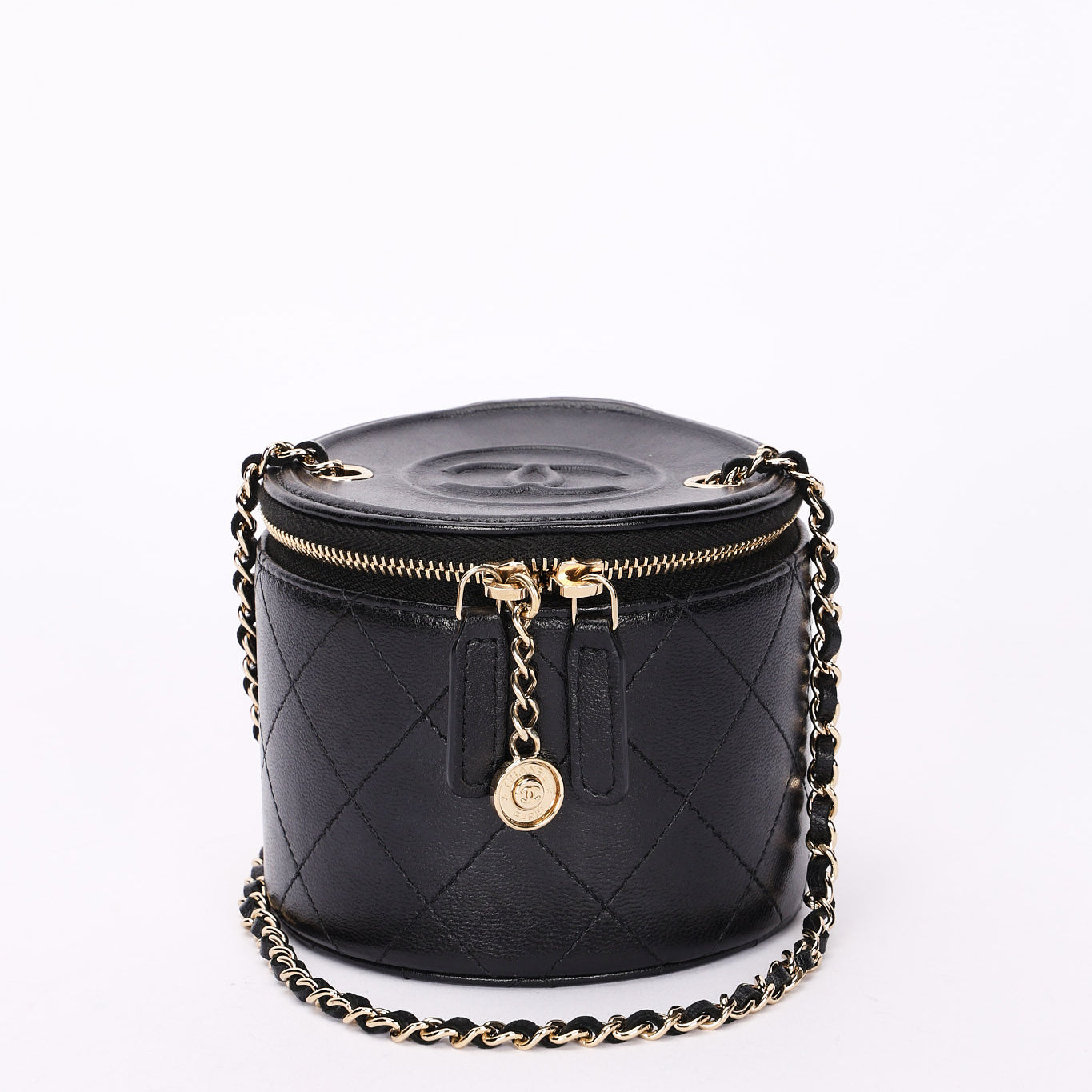 Chanel Mini Round Vanity Case with Chain Black Lambskin CGHW