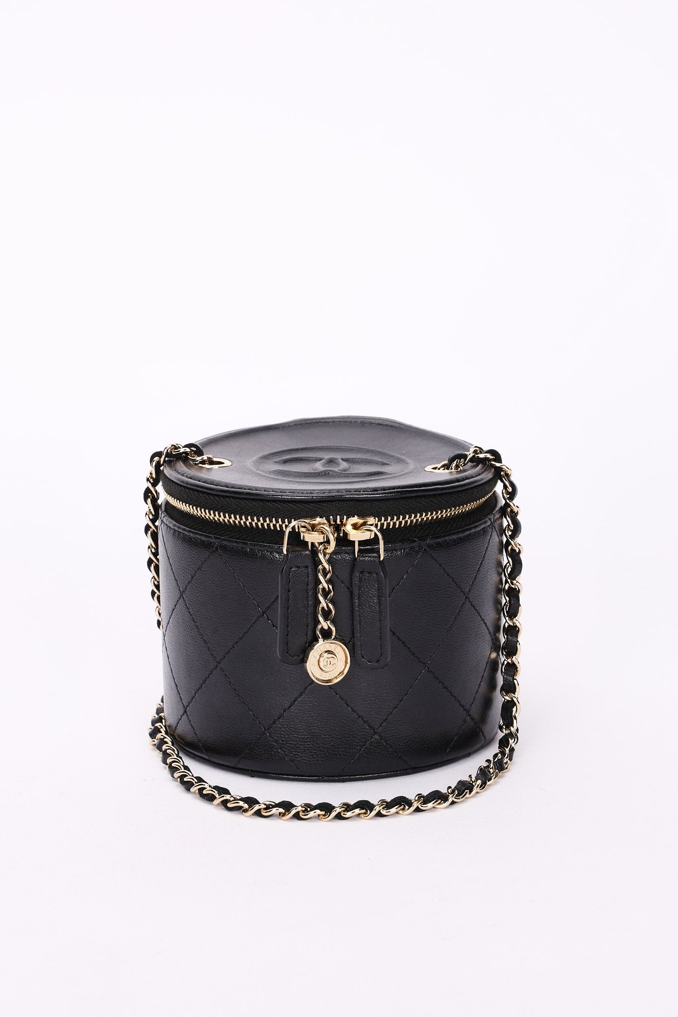 Chanel Mini Round Vanity Case with Chain Black Lambskin CGHW